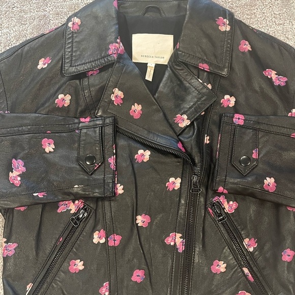 Rebecca Taylor Floriana Black Leather Jacket, Cropped, Pink Flower Print, Sz 2 - Picture 13 of 16
